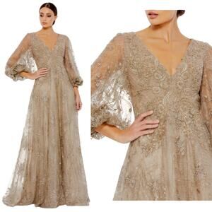 Mac Duggal 20283 4 Mocha Sequin Beaded 3/4 Long Puff Sleeve Gown Dress